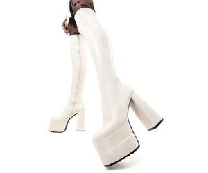 Lamoda Thigh High Boots Fantasies Wide Calf Round Toe Platform Heels, White - White - UK 3