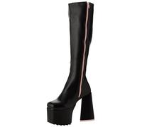 Lamoda Wide Eyed Black Pink Chunky Platform Knee High Boots UK5, stretch PU upper, lace up knee high fit, cushioned insole for comfort, bold streetwear style, versatile casual and party footwear