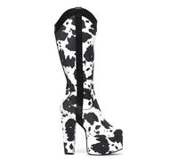 LAMODA Women's Cowgirl Knee High Platform Boots, Black and White Cowprint Boots, Ladies Western Cow Print Knee Length Boots with High Heel and Zip UK3