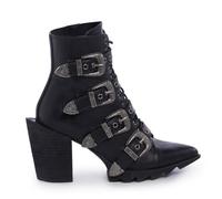 LAMODA Women's Don't Even Western Ankle Boot in Black, Ladies Lace-Up Ankle Boots with side zipper and antique buckles, Vegan Western Booties in UK7