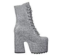 LAMODA Women's Spotlight Chunky Platform Ankle Boots in Silver Glitter, Ladies Lace Up Party Boots with side zipper, Sparkly Silver Vegan Boots in UK5