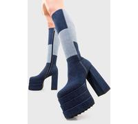 Lamoda Women's Talk Of The Town Denim Knee High Boots Round Toe Platform Zip in Blue | Size: 7 Lamoda Blue 7