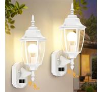 Lamomo 2 Pack Outdoor Wall Lights, Outside Motion Sensor Lights Mains Powered, Traditional Black Waterproof Aluminium PIR Security Light Outdoor, E27 Bulb Base- White