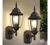 Lamomo 2 Pack Outdoor Wall Lights, Outside Motion Sensor Lights Mains Powered, Traditional Black Waterproof Aluminium PIR Security Light Outdoor, E27 Bulb Base