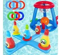 LAMOOER Inflatable Pool Basketball Toys Bowling Cross Toss Set, Floating Swimming Ring & Beach Ball Toss Games Summer Party Fun Favors Water Battle Game for Kids & Adults