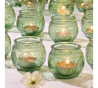 LAMORGIFT 24 Pcs Amber Votive Candle Holders- Amber Candle Holders for Boho Wedding Decor, Glass Tea Lights Candle Holders for Vintage Party Decoraions