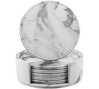 LAMOTI Leather Coasters for Drinks, 4" Drink Coasters Set of 6 with Holder for Tabletop Protection, Handmade Luxurious Home Décor and Housewarming Gift (White Marble)