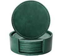 LAMOTI Leather Coasters for Drinks, 4" Drink Coasters Set of 6 with Holder for Tabletop Protection, Handmade Luxurious Home Décor and Housewarming Gift (Green)