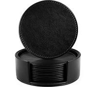 LAMOTI Leather Coasters for Drinks, 4" Drink Coasters Set of 6 with Holder for Tabletop Protection, Handmade Luxurious Home Décor and Housewarming Gift (Black)
