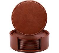 LAMOTI Leather Coasters for Drinks, 4" Drink Coasters Set of 6 with Holder for Tabletop Protection, Handmade Luxurious Home Décor and Housewarming Gift (Brown)