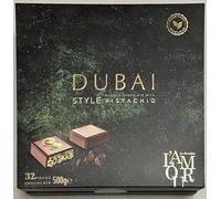 LAMOUR Du Chocolate, Dubai Kadayif Chocolate With Pistachio 32 Square Pieces, 500 Grams