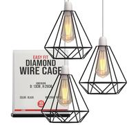 LEDSONE 3-Pack Modern Geometric Diamond Pendant Lampshades - Metal Wire Cage, Black, 14.5x20cm, Ideal for Living Room, Kitchen, Restaurant, Office