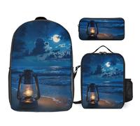 Lamp Moon and Beach Print 3 Pieces Set Laptop Backpack Casual Daypack with Lunch Box Pencil Case for Travel
