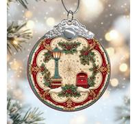 Lamp Post Glass Christmas Ornaments, Xmas Traditional Holly Mailbox Red Xmas Tree Hanging Keepsake Decoration Decor for Fireplace Living Room Office Shop Window 3x3 Inch