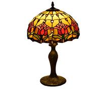 Lamp Table Lamp, Desk Bedroom Reading Bankers Lamp, Nightstand Accent Lamp, 12" Tulip Stained Glass Crystal Lampshade, Red Yellow MissLiving Room Lamp