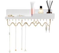 Lampaggio 29 Hooks Wall Mount Necklace Holder Organizer, White Decorative Wood Jewelry Shelf with Gold Metal Wave Bar and Guardrail for Necklace, Pendant, Chain, Bracelet