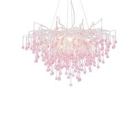 Lámpara de araña moderna de cristal rosa, lámpara de techo grande con forma de rama de árbol y forma de gota de lluvia, ideal para comedor, sala de estar, dormitorio y hotel. Diámetro: 100 cm (D100cm
