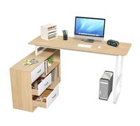 lamphle L-Shaped Computer Desk,Home Office Desk,Writing Desk,Corner Desk with 3 Drawers and 2 Shelves,Bedroom Table Workstation with Storage Shelf for Writing Study Work 140cm