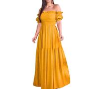 lamphle Long Dress Off Shoulder High Waisted Temperament A-Line Folds Dress for Banquet Yellow S