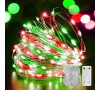LAMPHOME 100 LED Fairy Lights Battery Operated, Mini Battery Powered Copper Wire Starry String Lights,Light Length 32.5Ft, Multi Functions & Timer, with Remote Indoor/Outdoor use,Red and Green