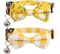 Lamphyface 2 Pack/Set Cat Collar Breakaway with Cute Bow Tie and Bell Plaid Flower for Kitty Adjustable Safety,Yellow