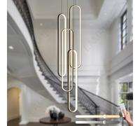 LAMPLAY High Ceiling Modern Chandelier, Black Height Adjustable Chandelier 4 Ring LED Foyer Chandelier Entrance Hallway Large Living Room Long Chandelier with Remote Control Dimmable 3000K-6000K