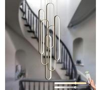 LAMPLAY High Ceiling Modern Chandelier, Black Height Adjustable Chandelier 6 Ring LED Foyer Chandelier Entrance Hallway Large Living Room Long Chandelier with Remote Control Dimmable 3000K-6000K