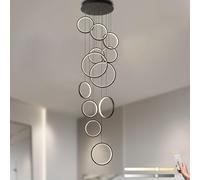 LAMPLAY LED Long Staircase Chandelier, Modern High Ceiling 12 Black Rings Lamp, DIY Entryway Height Adjustable Pendant Light, Dimmable With Remote Control 3000K-6000K, Hallway Living Room Stairs Villa