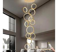 LAMPLAY LED Long Staircase Chandelier, Modern High Ceiling 12 Gold Rings Lamp, DIY Entryway Height Adjustable Pendant Light, Dimmable with Remote Control 3000K-6000K, Hallway Living Room Stairs Villa