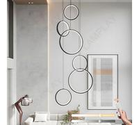 LAMPLAY LED Long Staircase Chandelier, Modern High Ceiling 6 Black Rings Lamp, DIY Entryway Height Adjustable Pendant Light, Dimmable with Remote Control 3000K-6000K, Hallway Living Room Stairs Villa