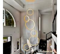 LAMPLAY LED Long Staircase Chandelier, Modern High Ceiling 6 Gold Rings Lamp, DIY Entryway Height Adjustable Pendant Light, Dimmable with Remote Control 3000K-6000K, Hallway Living Room Stairs Villa