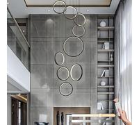 LAMPLAY LED Long Staircase Chandelier, Modern High Ceiling 9 Black Rings Lamp, DIY Entryway Height Adjustable Pendant Light, Dimmable with Remote Control 3000K-6000K, Hallway Living Room Stairs Villa