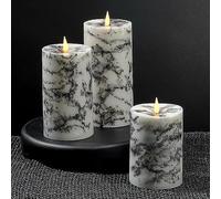 LampLust Realistic Flameless Pillar Candles with Remote- Set of 3, Batteries Included, Real Marble Wax, 3D Flickering LED Flame, 3 Inch Diameter Pillar Candles for Wedding and Farmhouse Home Decor