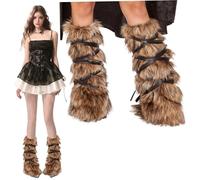 Lamppdcor 1 Pair Viking Costume Women 11.8 In Long Viking Fluffy Leg Warmers with Leather Wrap for Boots, Fuzzy Leg Warmers for Cosplay Warrior, Viking Costume Accessory