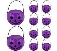 Lamppdcor 10Pcs Purple Devil Halloween Pumpkin Bucket Plastic Candy Holder with Handle Trick or Treat Decor