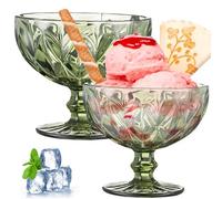 Lamppdcor Glass Dessert Bowls 2Pcs Ice Cream Bowls 10 Oz Footed Dessert Bowls 4.7'' Trifle Bowl with Pedestal Vintage Style Dessert Cups for Sundae, Salad, Cocktail Drinks Green