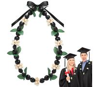 Lamppdcor Kukui Nut Lei Black Hawaiian Ribbon Beach Lei Necklace with Green Leaves & White Flowers 32 In Adjustable Acrylic Graduation Lei for Men and Women