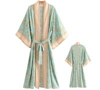 Lamppdcor Satin Robe for Women, Floral V-Neck Long Kimono Robe with Band & Loose Sleeve, Lightweight Bath for Bridal Shower Valentine