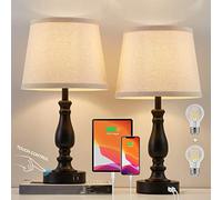 Lamps for Bedrooms Set of 2, Touch Bedside Table Lamp with USB Ports, 3 Way Dimmable Nightstand Lamps with Round Fabric Linen Lampshade for Living Room Reading Bed Side End Table, Bulbs Included