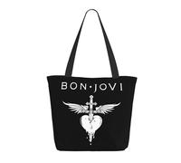LAMPSATN Women's Jovi Rock Band Bon Shopping Bag Full-width Printed Large-Capacity Tote Bag Fashionable Lightweight Practical Commuter Shoulder Bag Black One Size