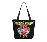 LAMPSATN Women's Jovi Rock Band Bon Shopping Bag Full-width Printed Large-Capacity Tote Bag Fashionable Lightweight Practical Commuter Shoulder Bag Black One Size