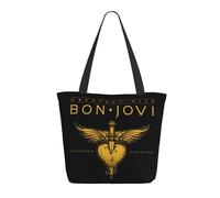 LAMPSATN Women's Jovi Rock Band Bon Shopping Bag Full-width Printed Large-Capacity Tote Bag Fashionable Lightweight Practical Commuter Shoulder Bag Black One Size