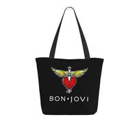 LAMPSATN Women's Jovi Rock Band Bon Shopping Bag Full-width Printed Large-Capacity Tote Bag Fashionable Lightweight Practical Commuter Shoulder Bag Black One Size