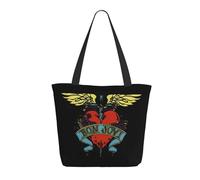 LAMPSATN Women's Jovi Rock Band Bon Shopping Bag Full-width Printed Large-Capacity Tote Bag Fashionable Lightweight Practical Commuter Shoulder Bag Black One Size