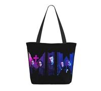 LAMPSATN Women's White Music Band Motionless Shopping Bag Full-width Printed Large-Capacity Tote Bag Fashionable Lightweight Practical Commuter Shoulder Bag Black One Size