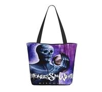 LAMPSATN Women's White Music Band Motionless Shopping Bag Full-width Printed Large-Capacity Tote Bag Fashionable Lightweight Practical Commuter Shoulder Bag Black One Size