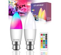 Lamptobe 2 X RGB Colour Changing Light Bulb 3W, C37 B22 Bayonet LED Light Bulb with 1 Remote Control, RGBWW LED Color Bulb for Home Decoration, Party, Mood Lighting