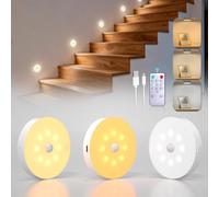 Lamptobe 3 Pack Motion Sensor Lights Indoor with Remote Control,3 Color Temps Rechargeable Night Light,Wireless Magnetic Stick on Wall Light,Stair Wardrobe Closet Under Cabinets Puck Light