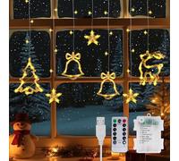 Lamptobe Christmas Window Decorations Lights, Hanging 120 Led Star Curtain String Light with Reindeer, Bells, Tree, USB Battery Power Xmas Light Indoor with Remote & 8 Modes, Timer, 3.5M,1 Pack