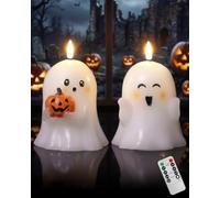Lamptobe Halloween Ghost Flameless Candles Battery Operated with 6hrs Timer | LED Candles Flickering 3D Flickering Wick Real Wax Long Lasting Ghost Lights,Spooky Cute Halloween Indoor Decor Gift,2 Pack